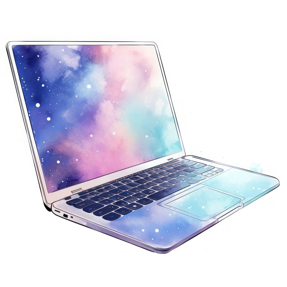 Laptop in Watercolor style computer galaxy star.