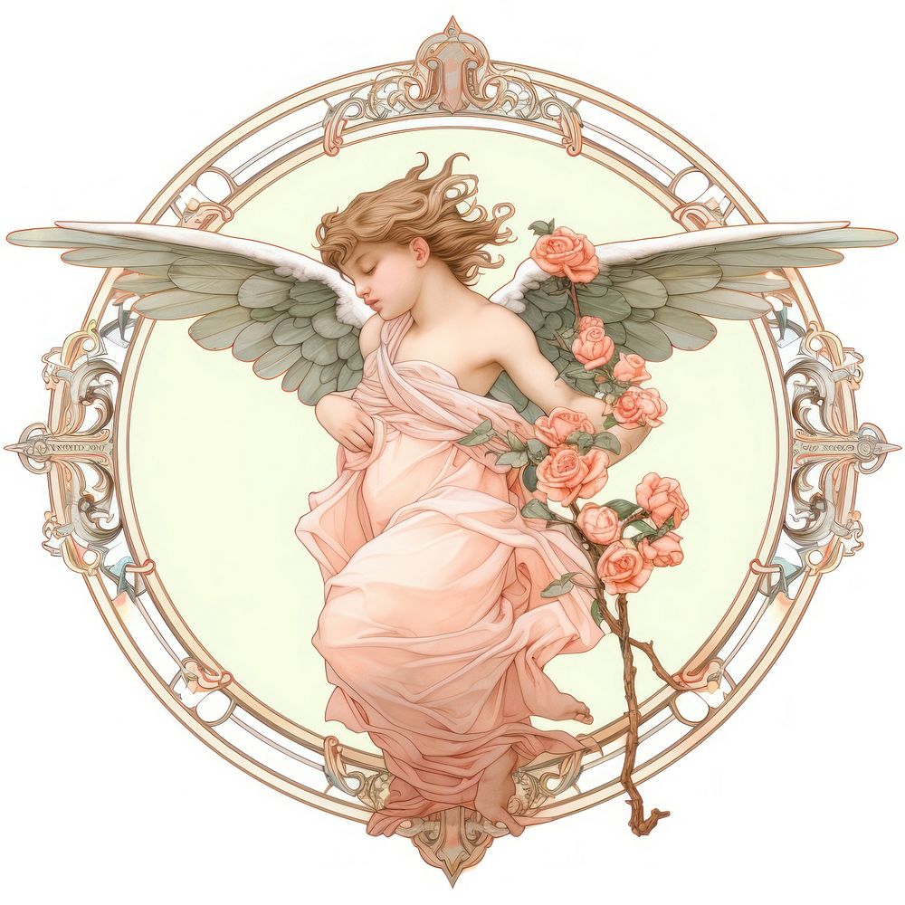 Full body of cupid in the style of Alphonse Mucha angel adult representation.