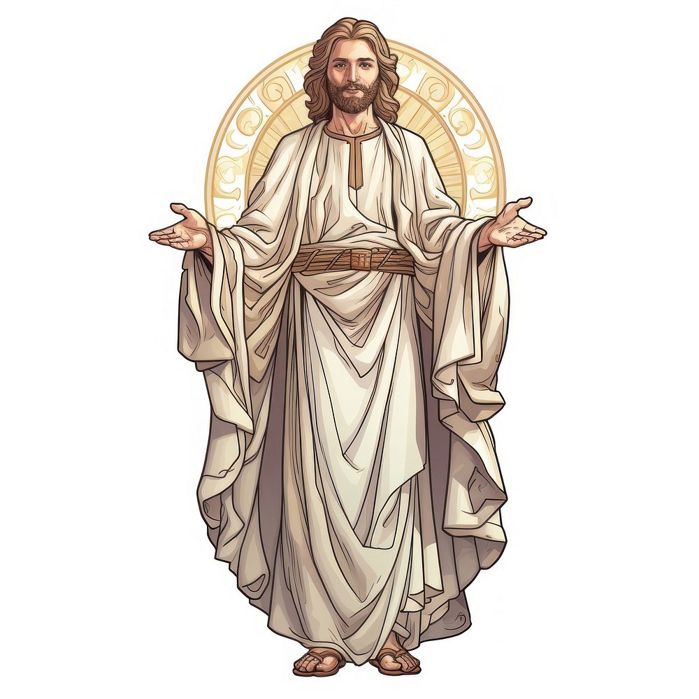 Jesus in the style of Alphonse Mucha sketch adult white background.