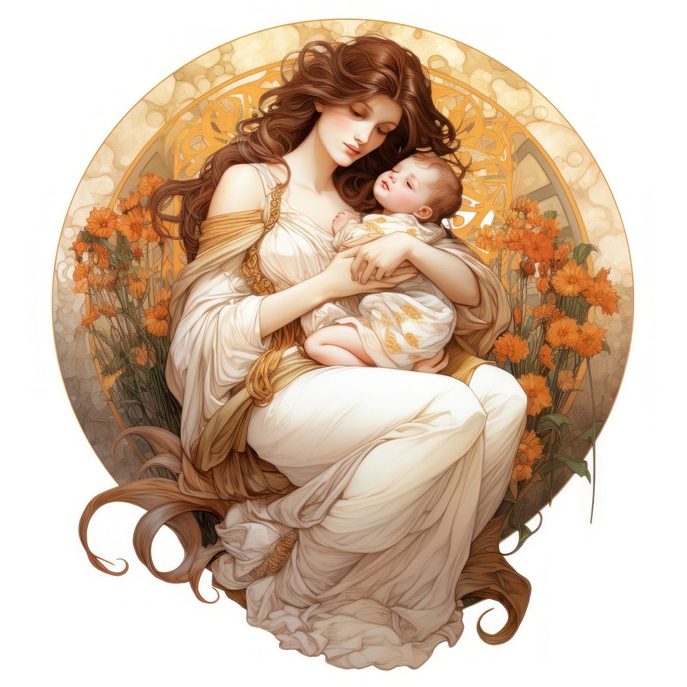 Full body of mother and baby in the style of Alphonse Mucha togetherness photography relaxation.