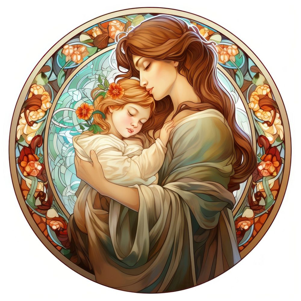 Full body of mother and baby in the style of Alphonse Mucha togetherness affectionate spirituality.