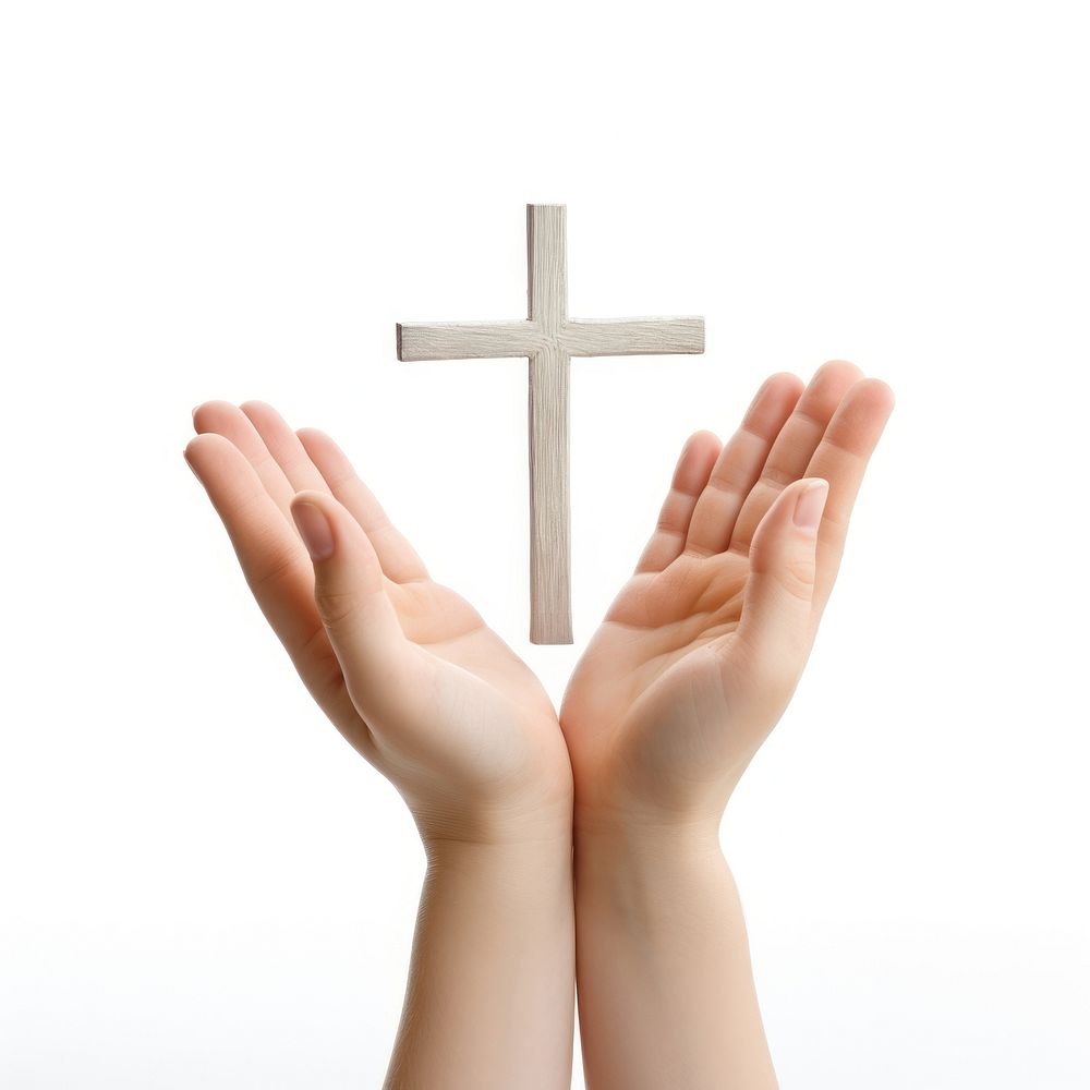 Two hands kid holding Christian cross finger symbol white background. AI generated Image by rawpixel.