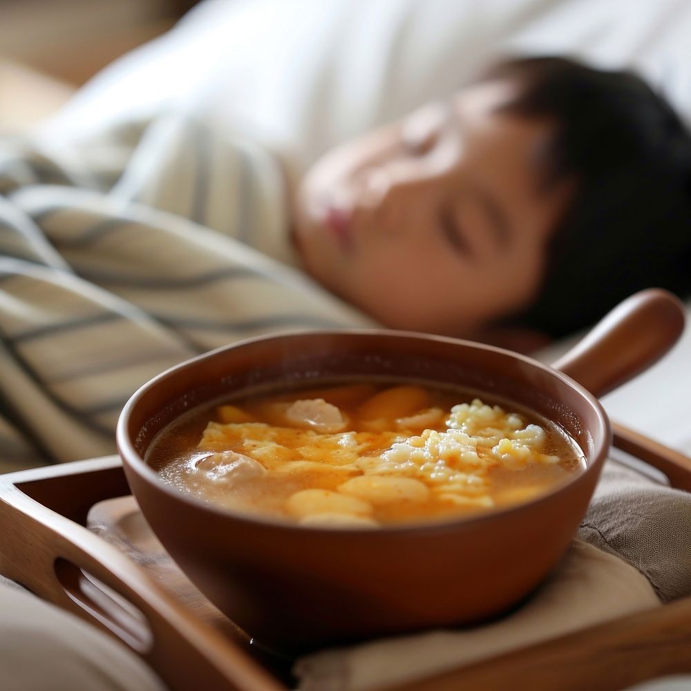 Sick kid sleeping bowl dish soup.