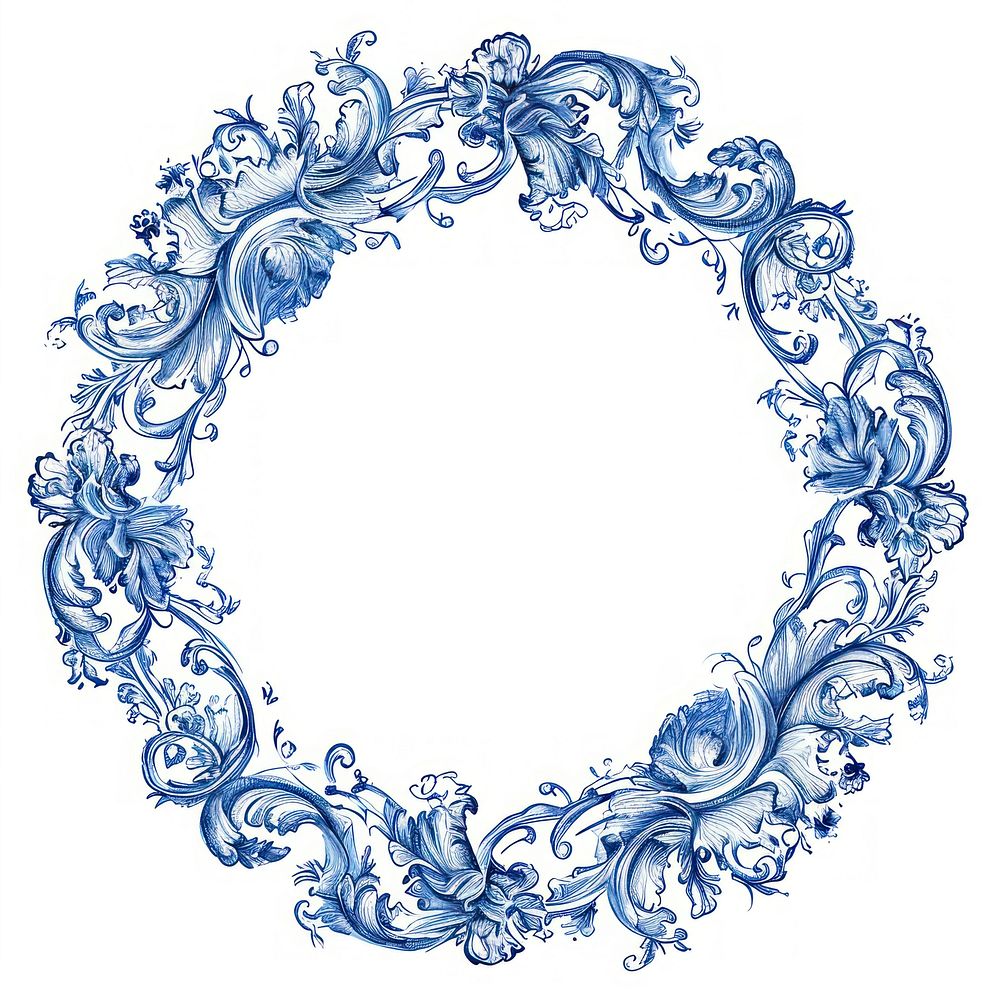 Circle frame of vintage pattern sketch blue white background.