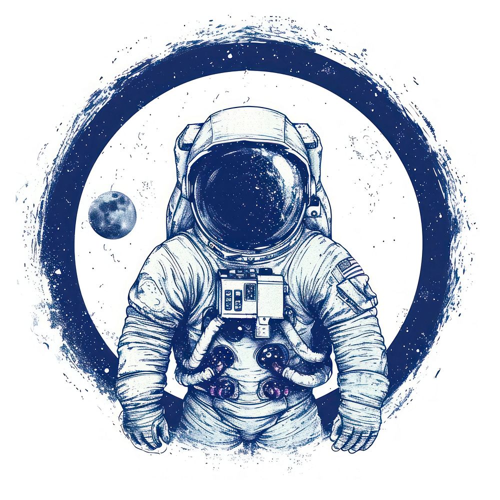 Circle frame of astronaut and moon space drawing sketch.