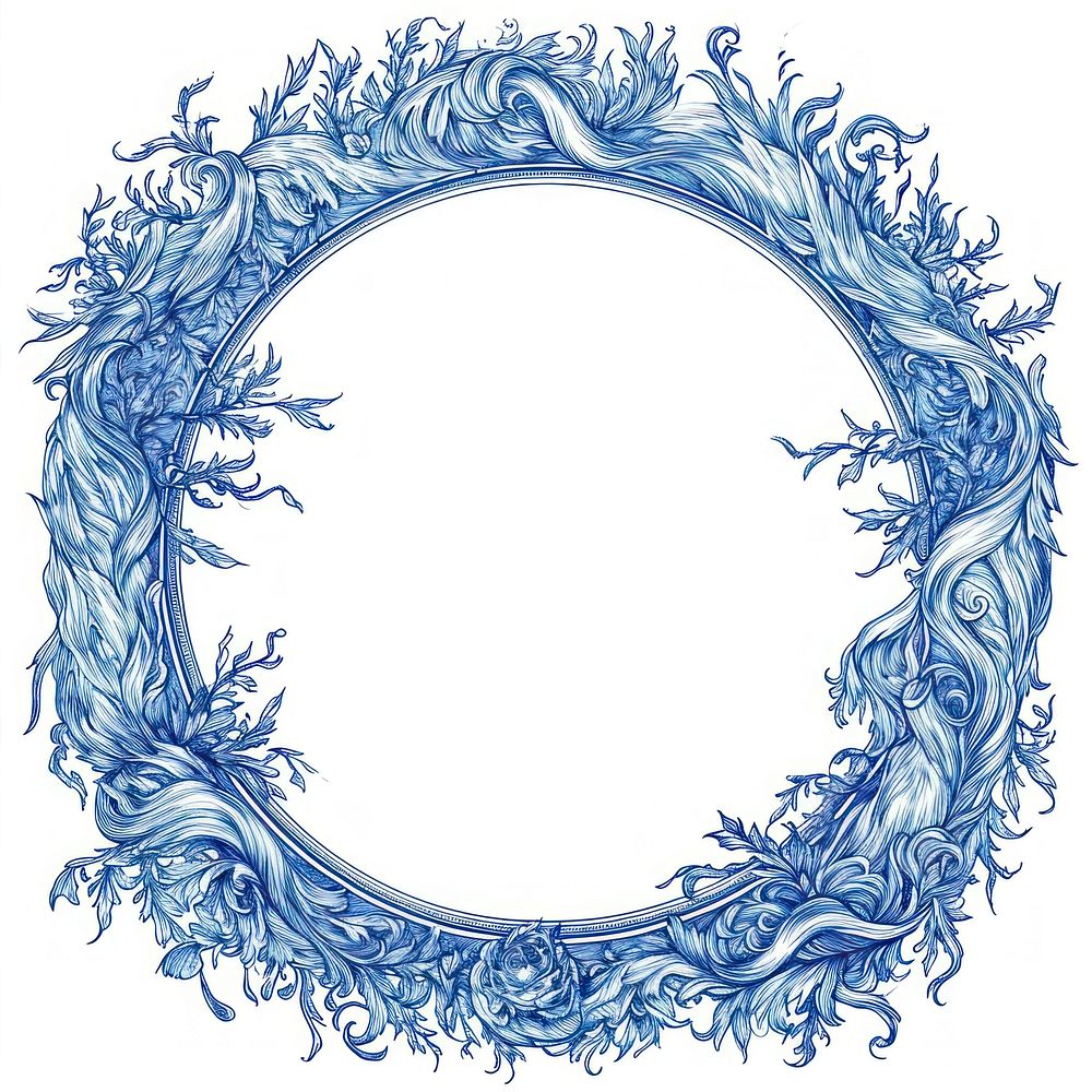 Circle frame of art nouveau pattern sketch blue white background.