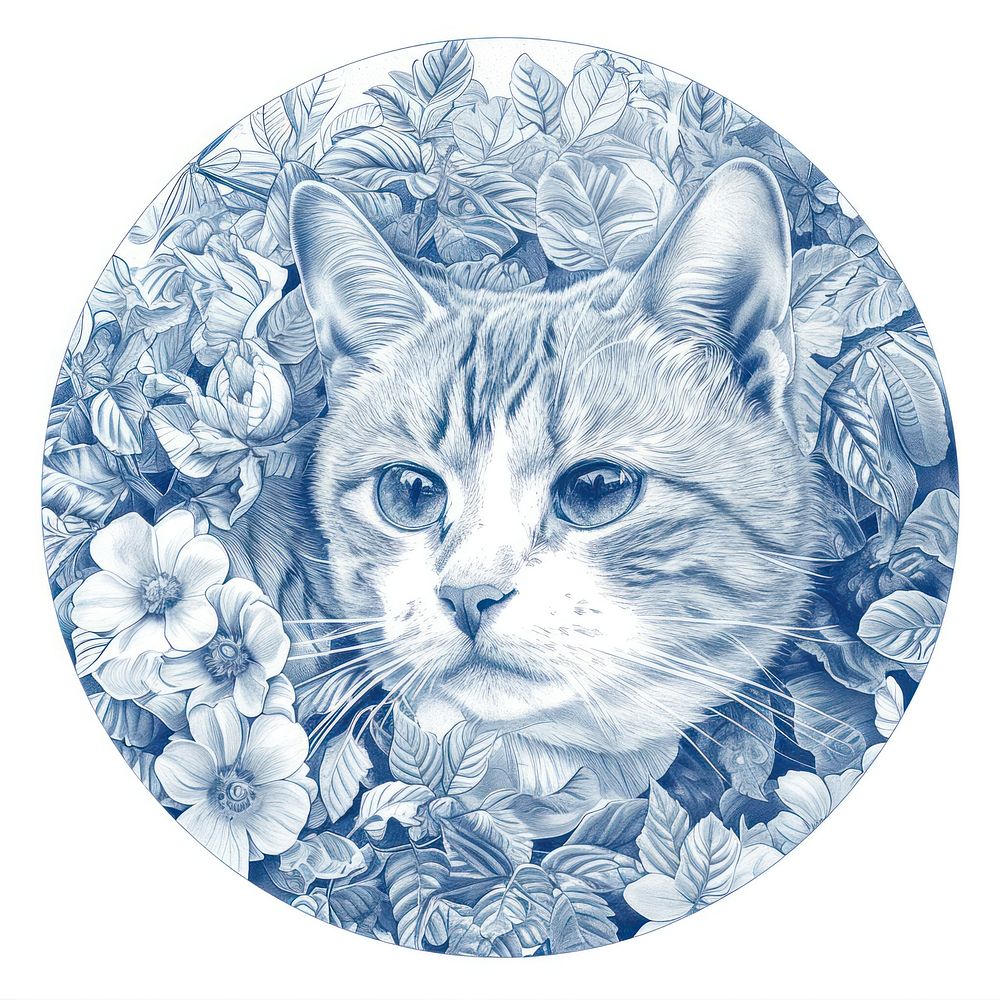 Circle frame of cat and flower drawing sketch mammal.