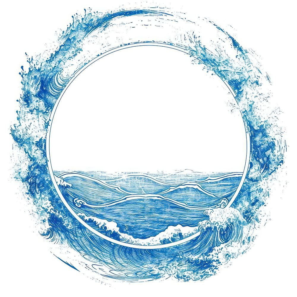 Circle frame of Japanese pattern drawing sketch ocean.