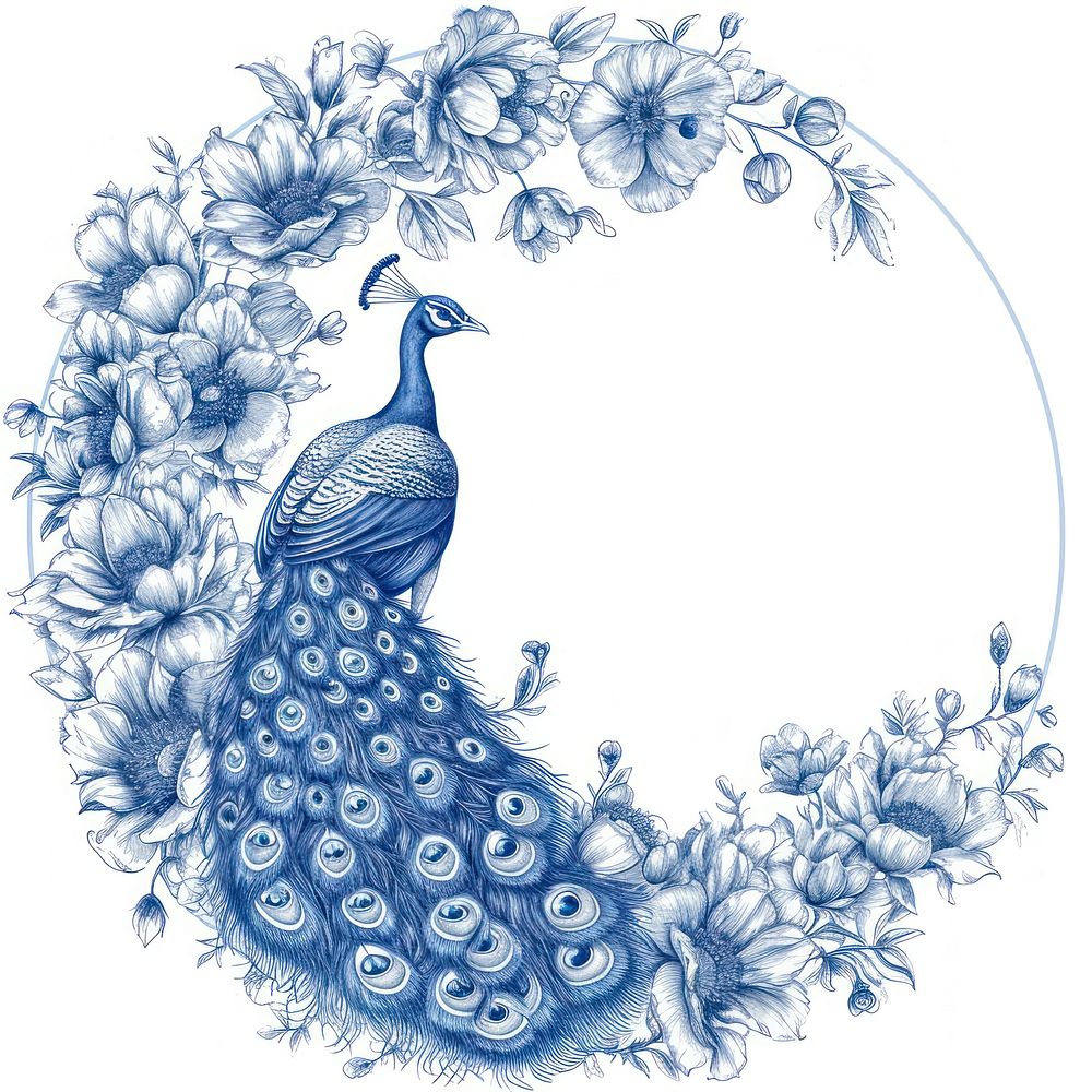 Circle frame of peacock and flower drawing pattern sketch.