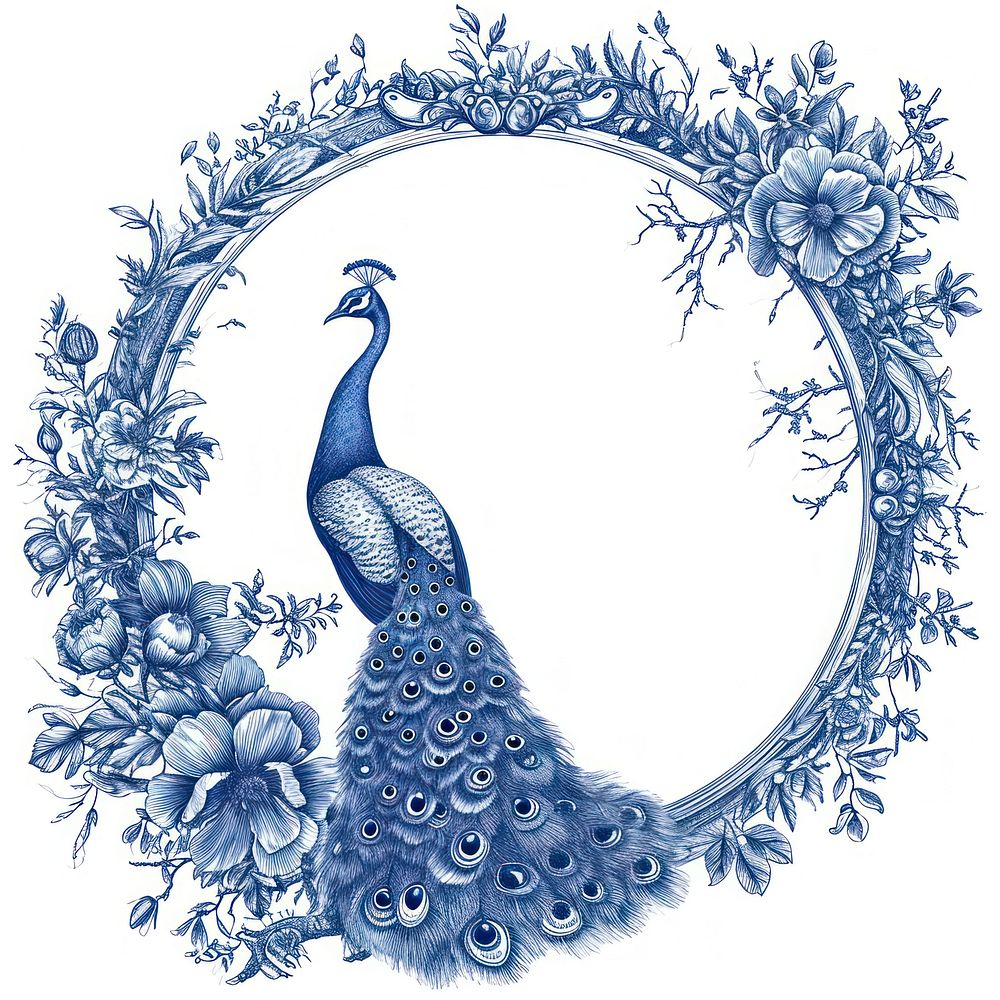 Circle frame of peacock and flower pattern bird blue.