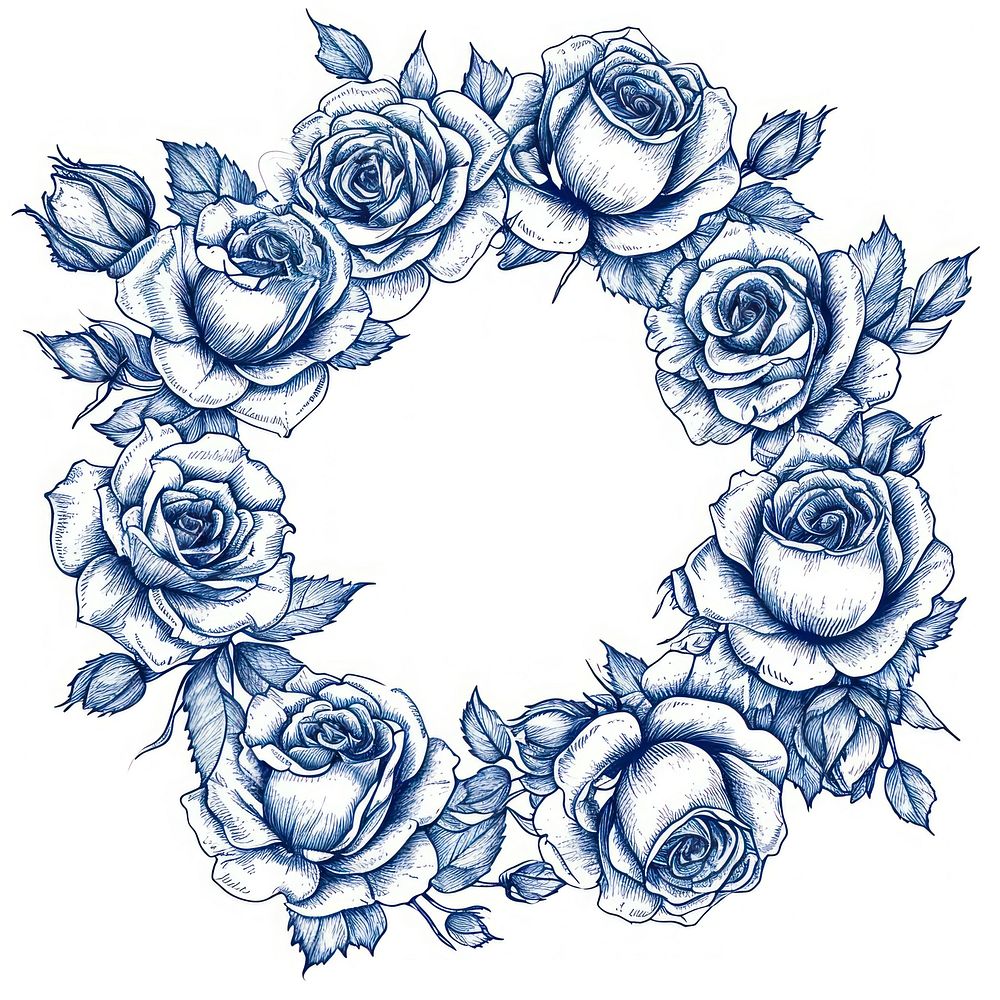 Circle frame of roses drawing sketch pattern.