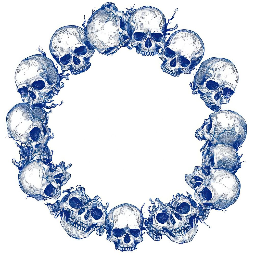 Circle frame of skulls jewelry blue white background.