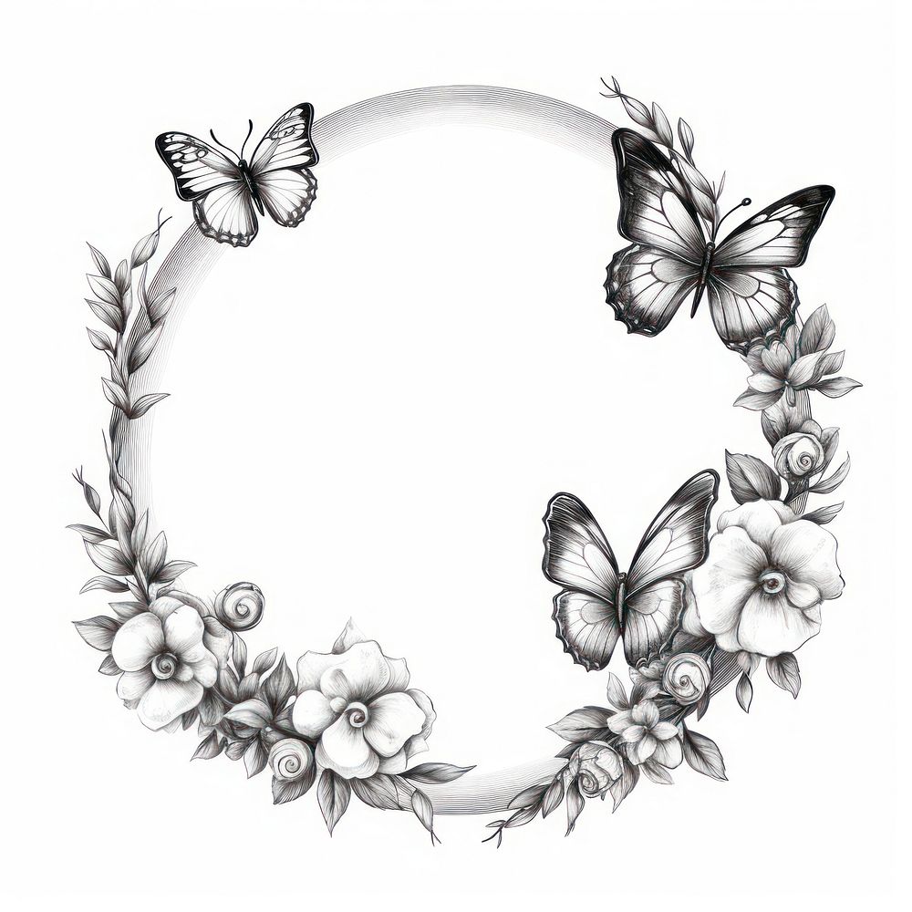 Circle frame with butterfly and flower drawing sketch pattern.