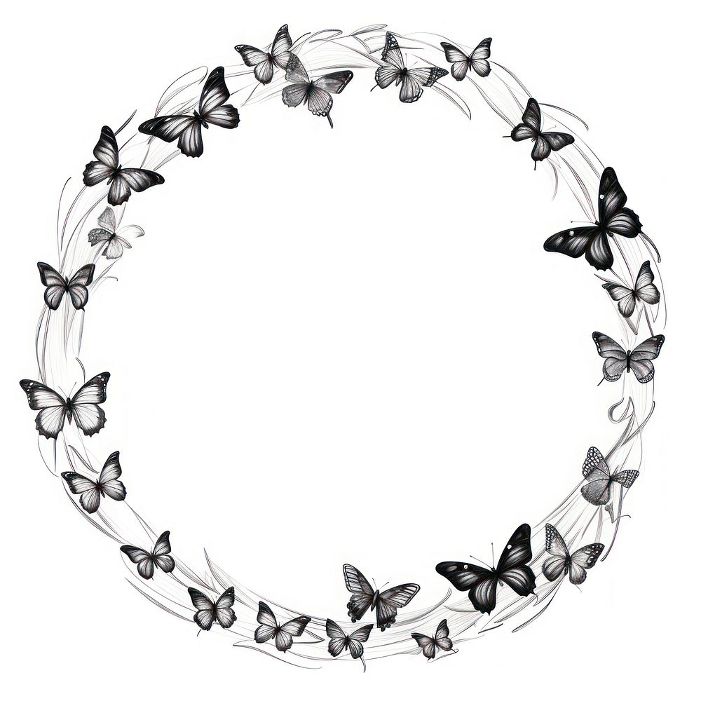 Circle frame with butterflies drawing sketch white background.