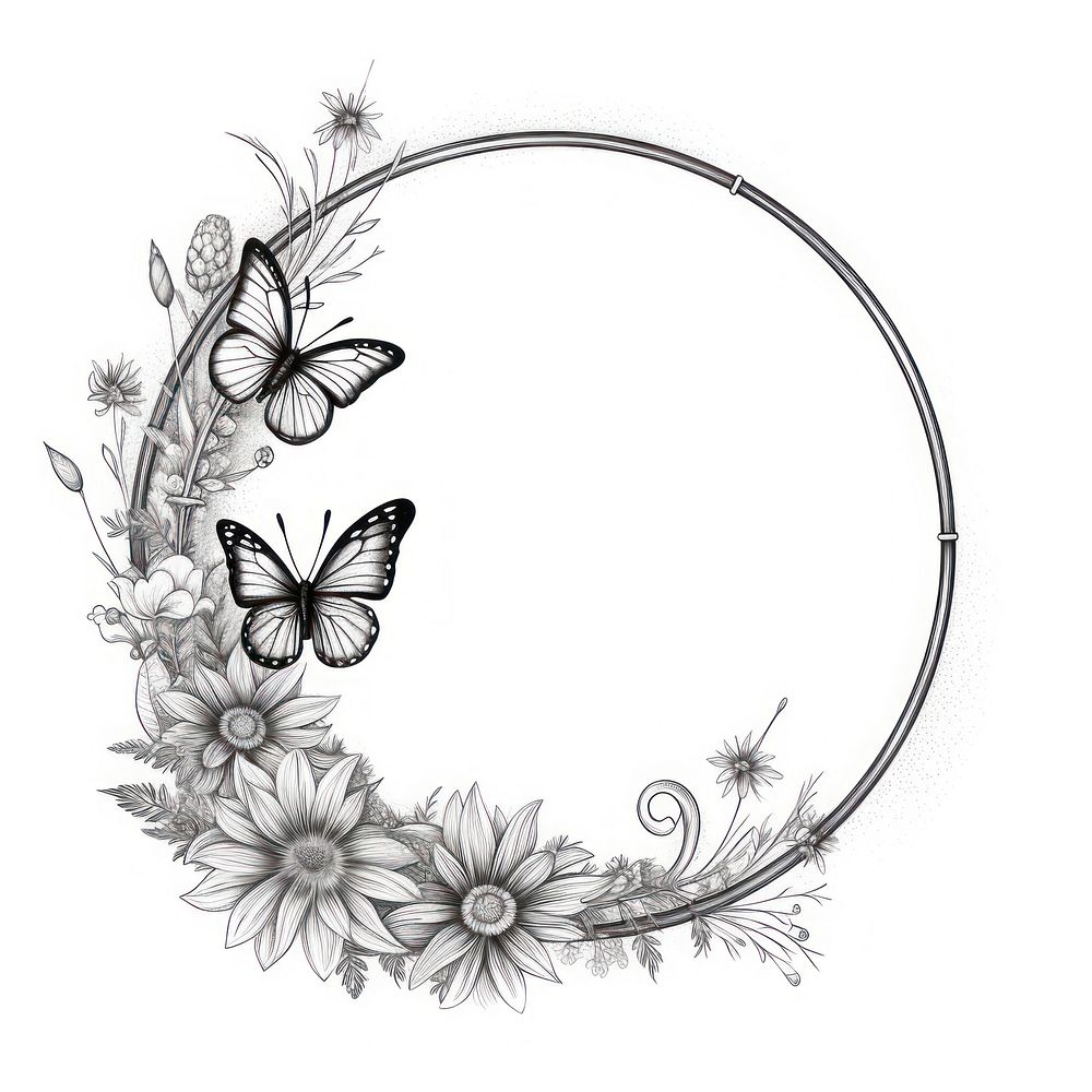Circle frame with butterfly and flower drawing sketch pattern.