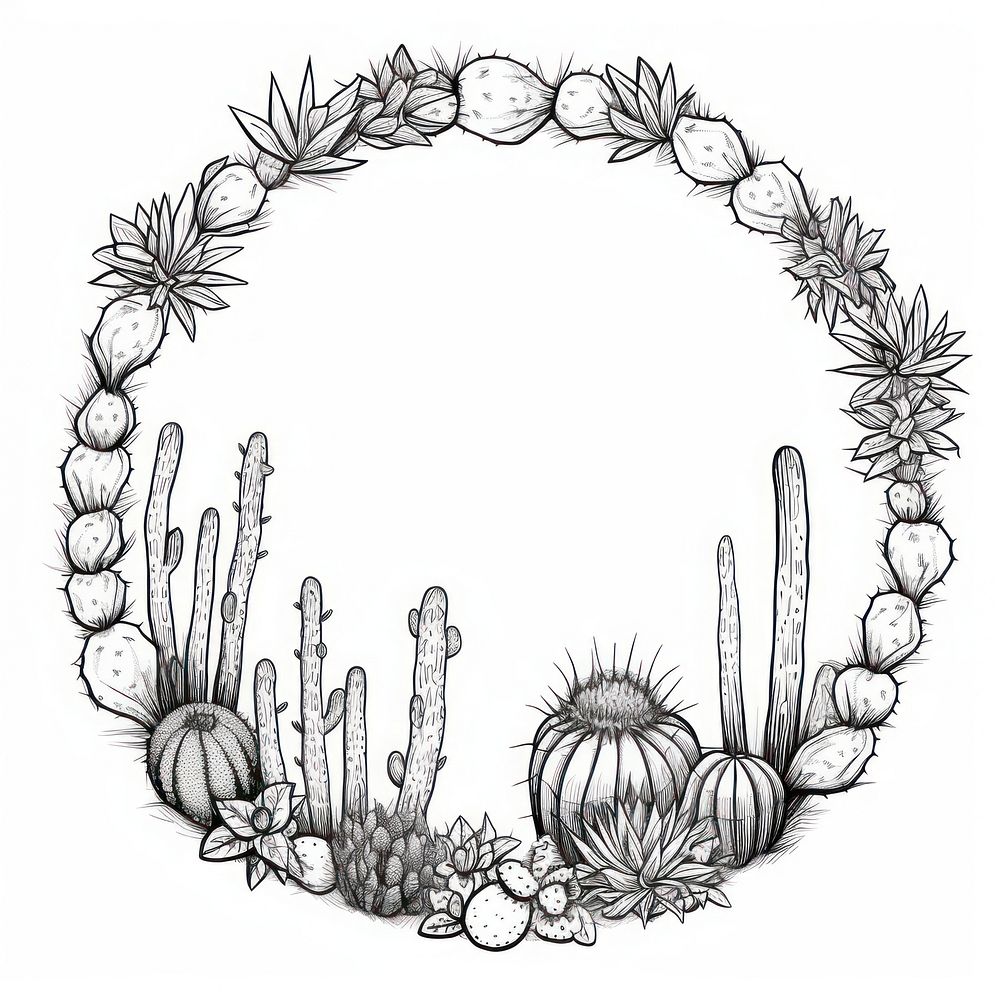 Circle frame with cactus drawing sketch doodle.