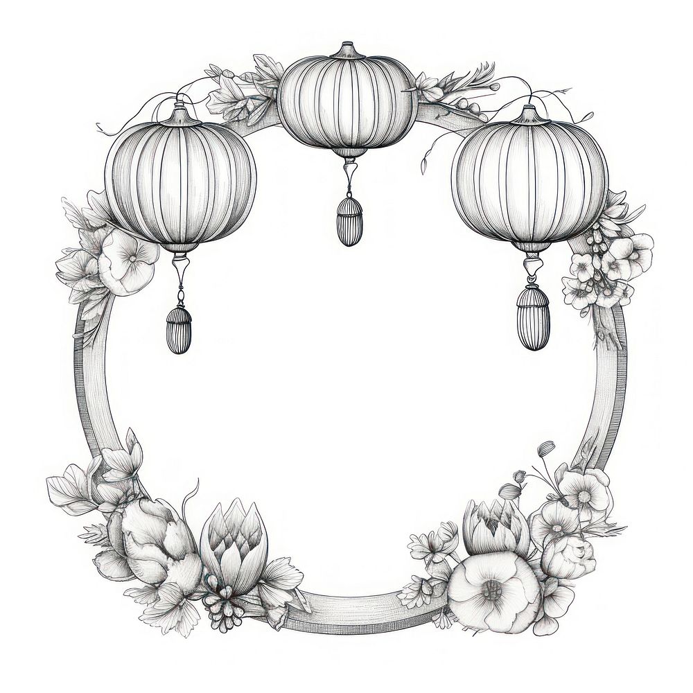 Circle frame with Chinese lantern drawing sketch chinese lantern.