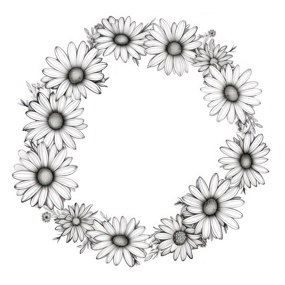 Circle frame with daisy flower drawing sketch white.