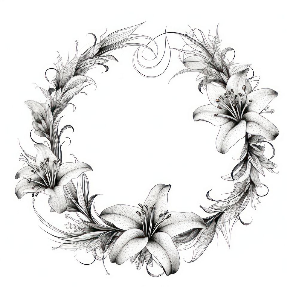 Circle frame with lily drawing sketch pattern.