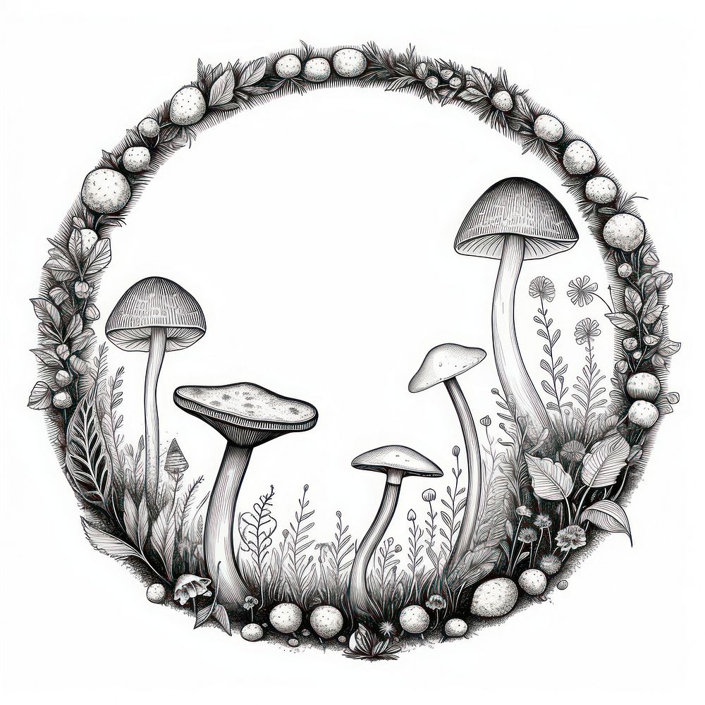 Circle frame with mushroom drawing sketch plant.