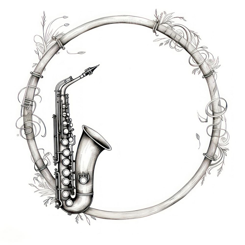 Circle frame with music note and saxophone drawing sketch white background.
