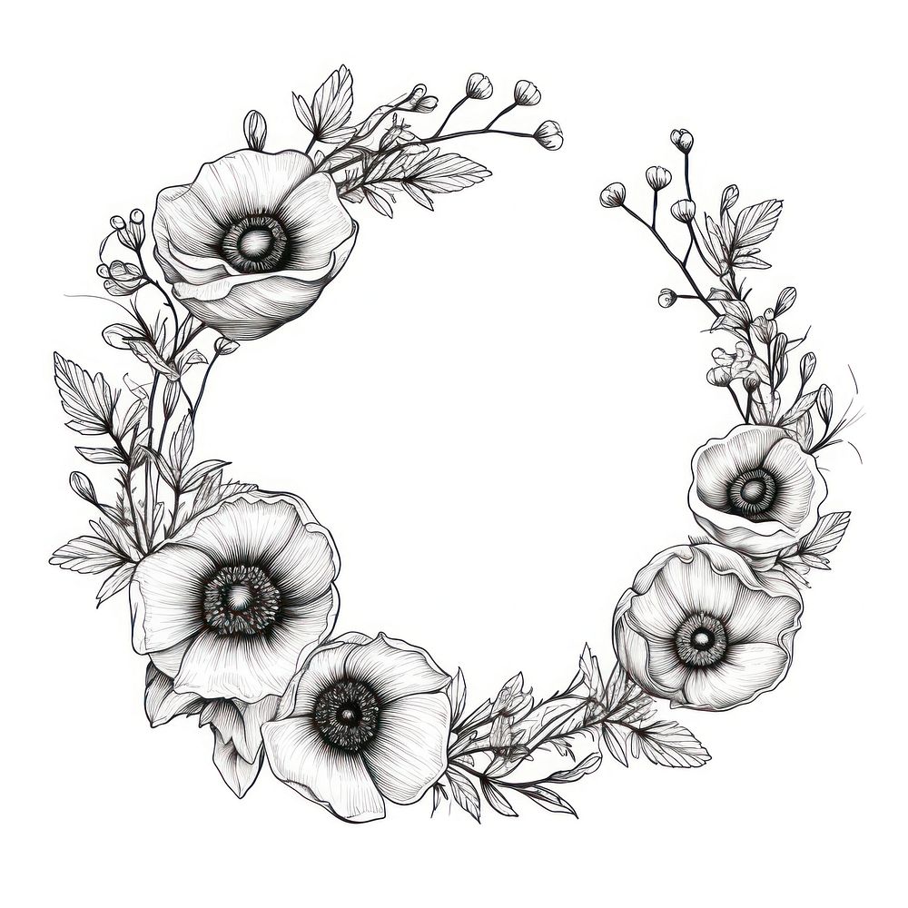Circle frame with poppy drawing sketch pattern.