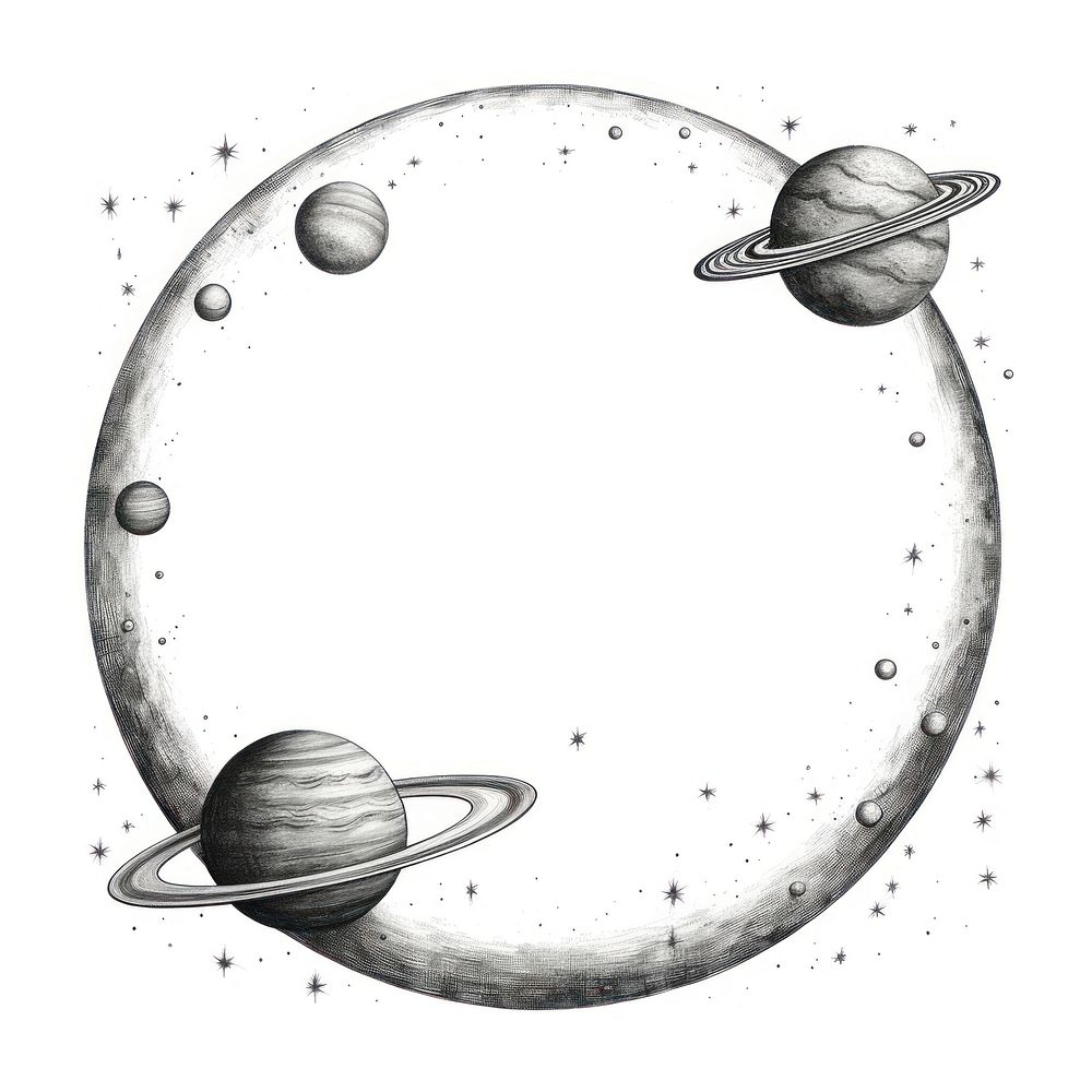 Circle frame with rocket moon and saturn astronomy drawing planet.