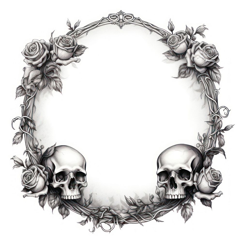 Circle frame with skull and roses sketch white background accessories.