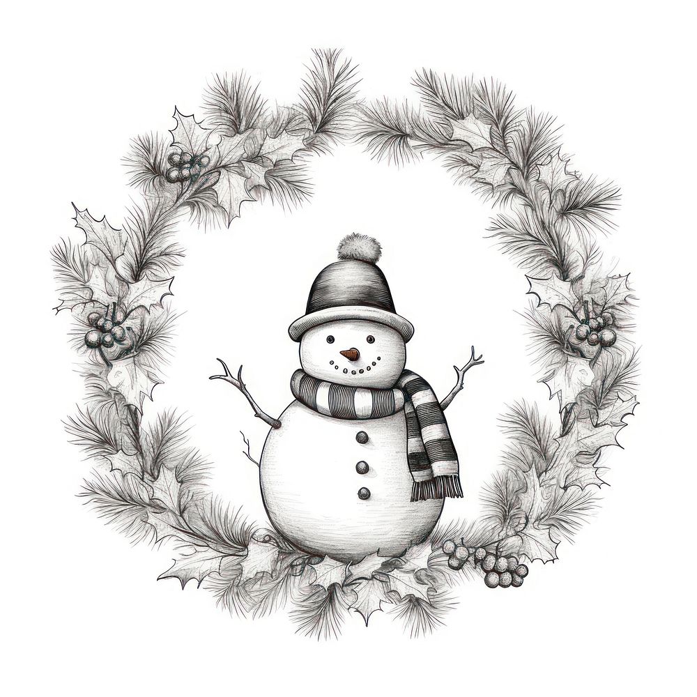 Circle frame with snowman drawing sketch winter.