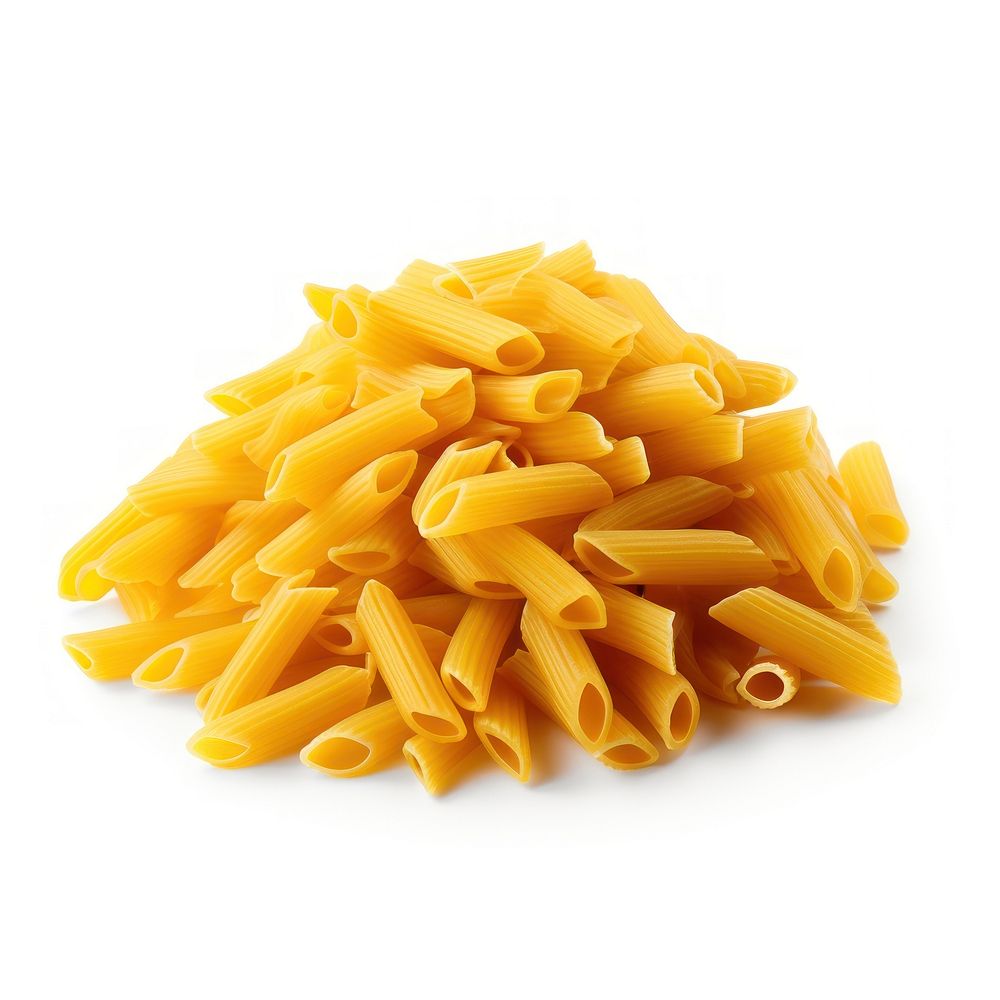 Penne raw pasta Italian food white background.