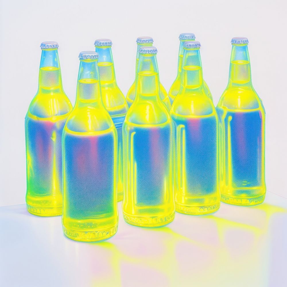 Surrealistic painting of beer bottle drink white background.