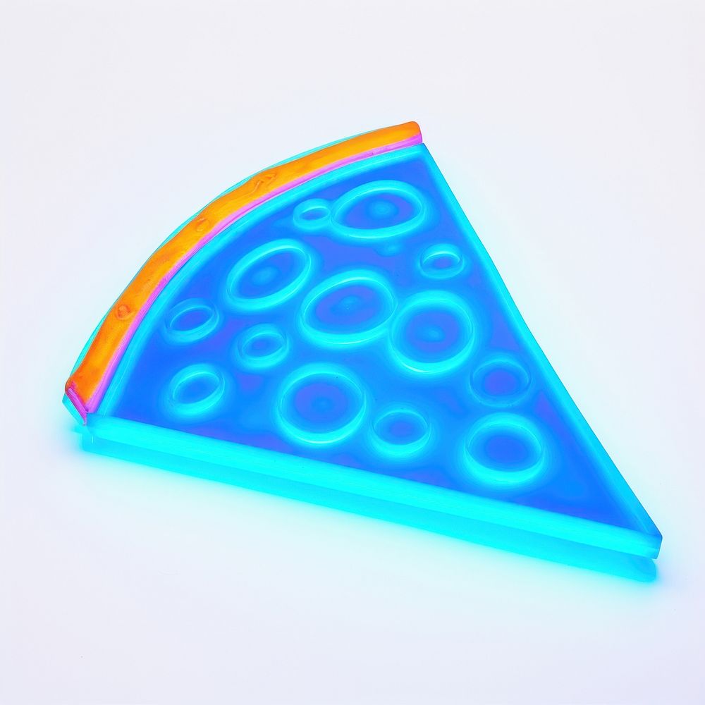 Surrealistic painting of blue neon pizza white background turquoise triangle.