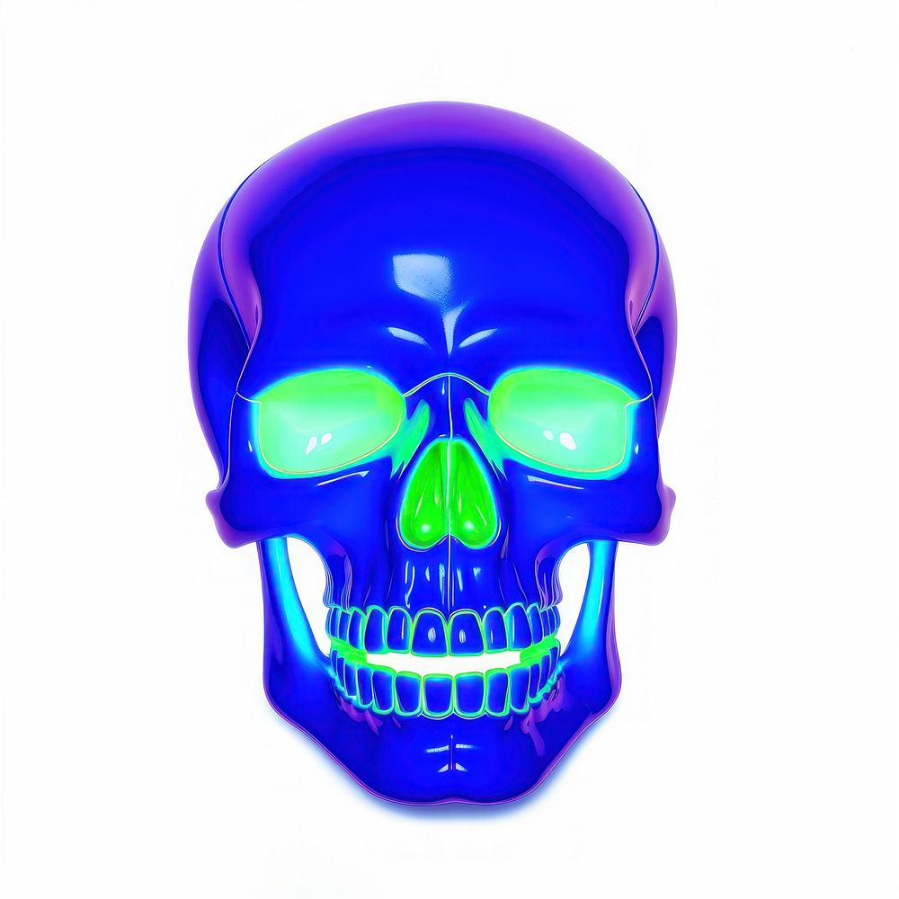 Surrealistic painting of blue neon skull purple white background appliance.