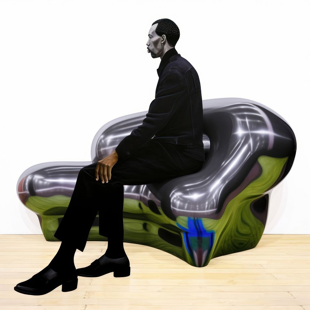 Surrealistic painting of black Man sit sofa furniture footwear sitting.