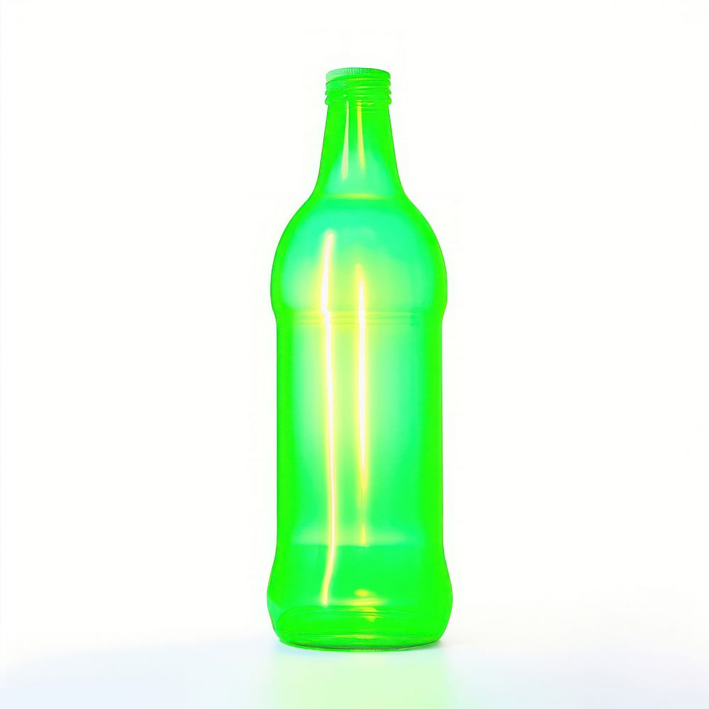Surrealistic painting of green neon bottle glass drink white background.