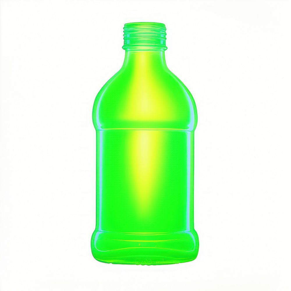Surrealistic painting of green neon bottle drink white background refreshment.