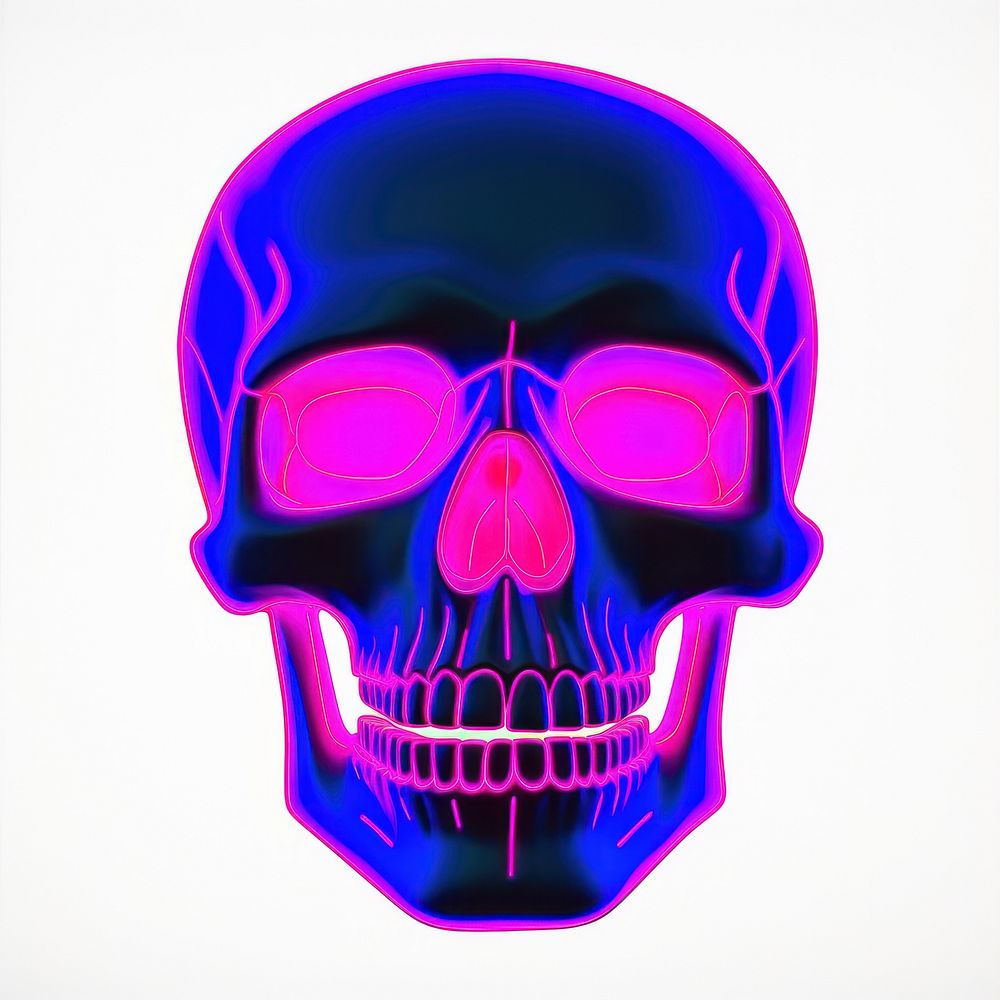 Surrealistic painting of pink neon skull purple white background photography.