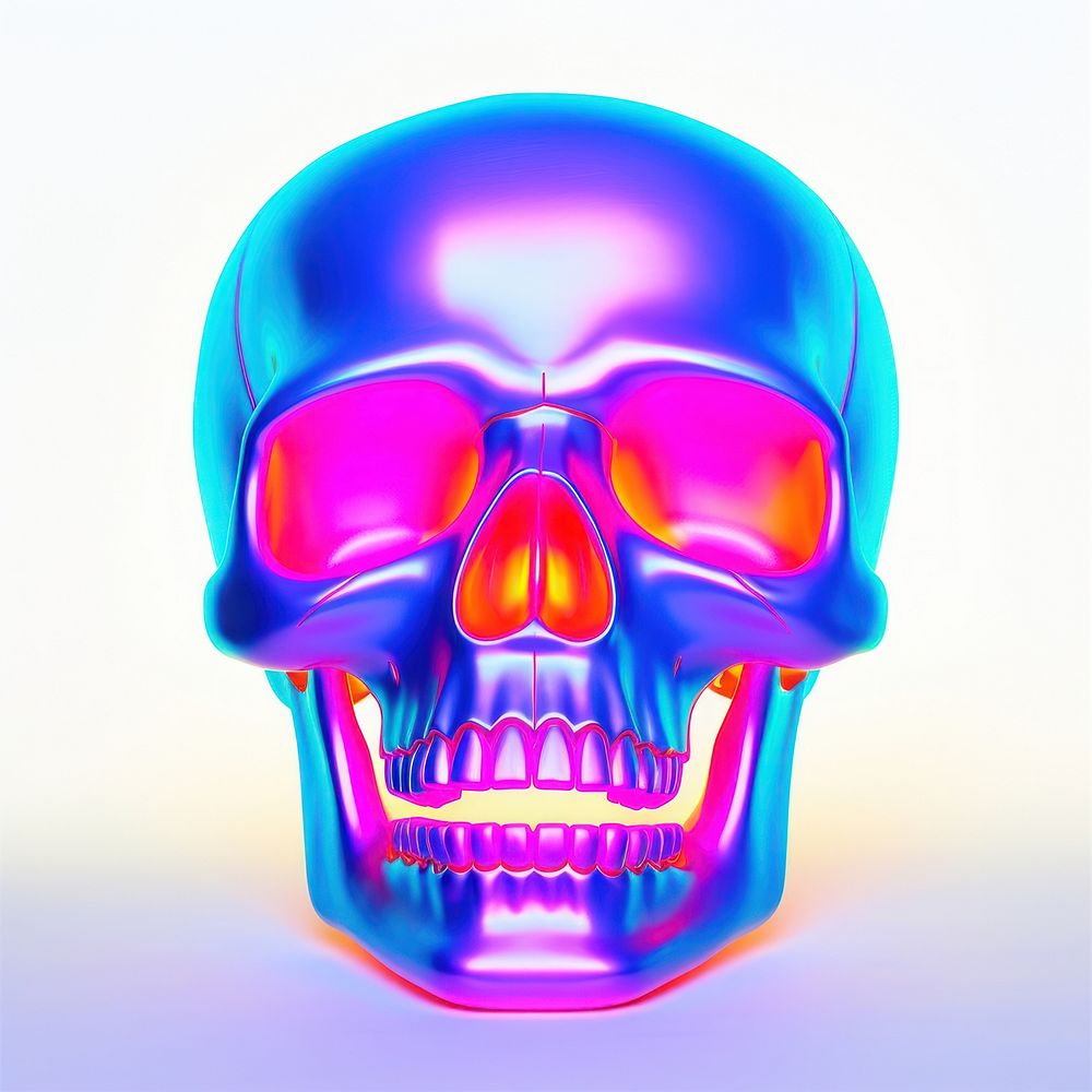 Surrealistic painting of pink neon skull purple clothing glowing.