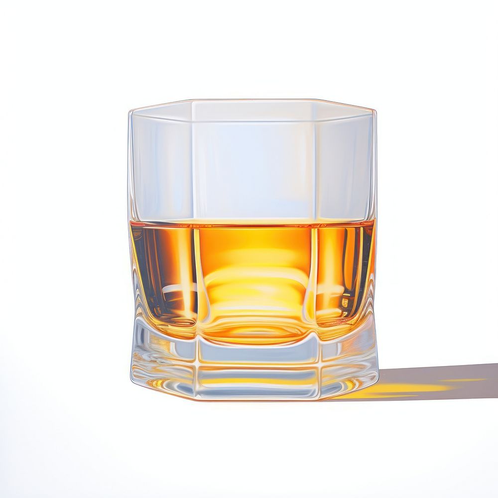 Surrealistic painting of whisky glass drink white background.