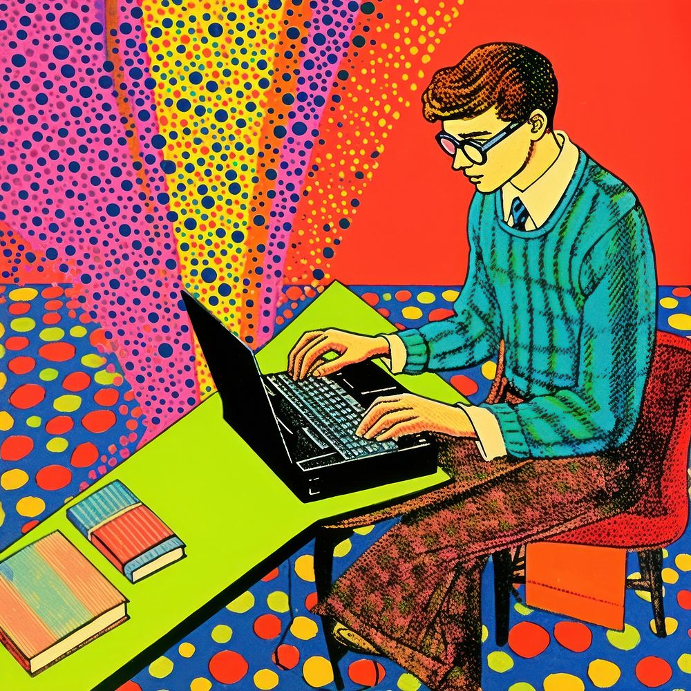 Comic of teen man typing on his laptop glasses computer painting.