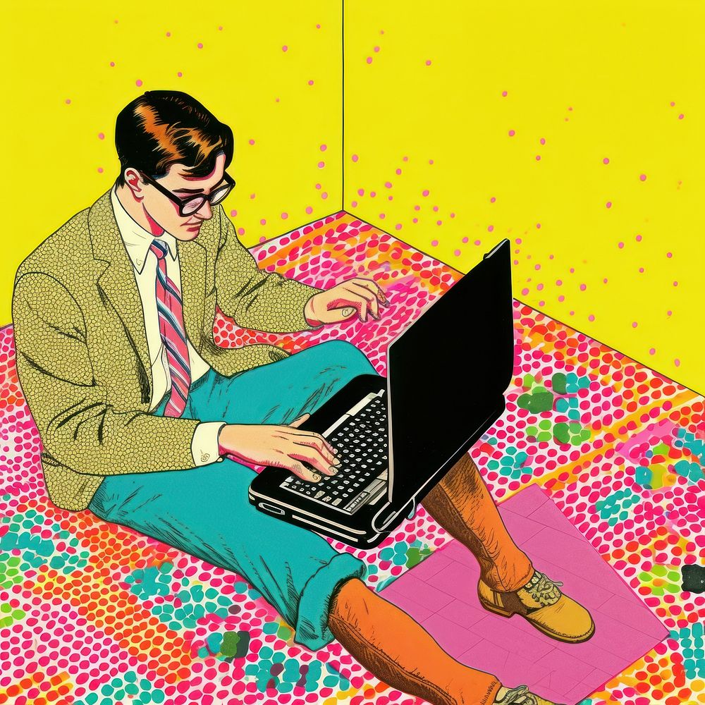 Comic of teen man typing on his laptop computer glasses sitting.