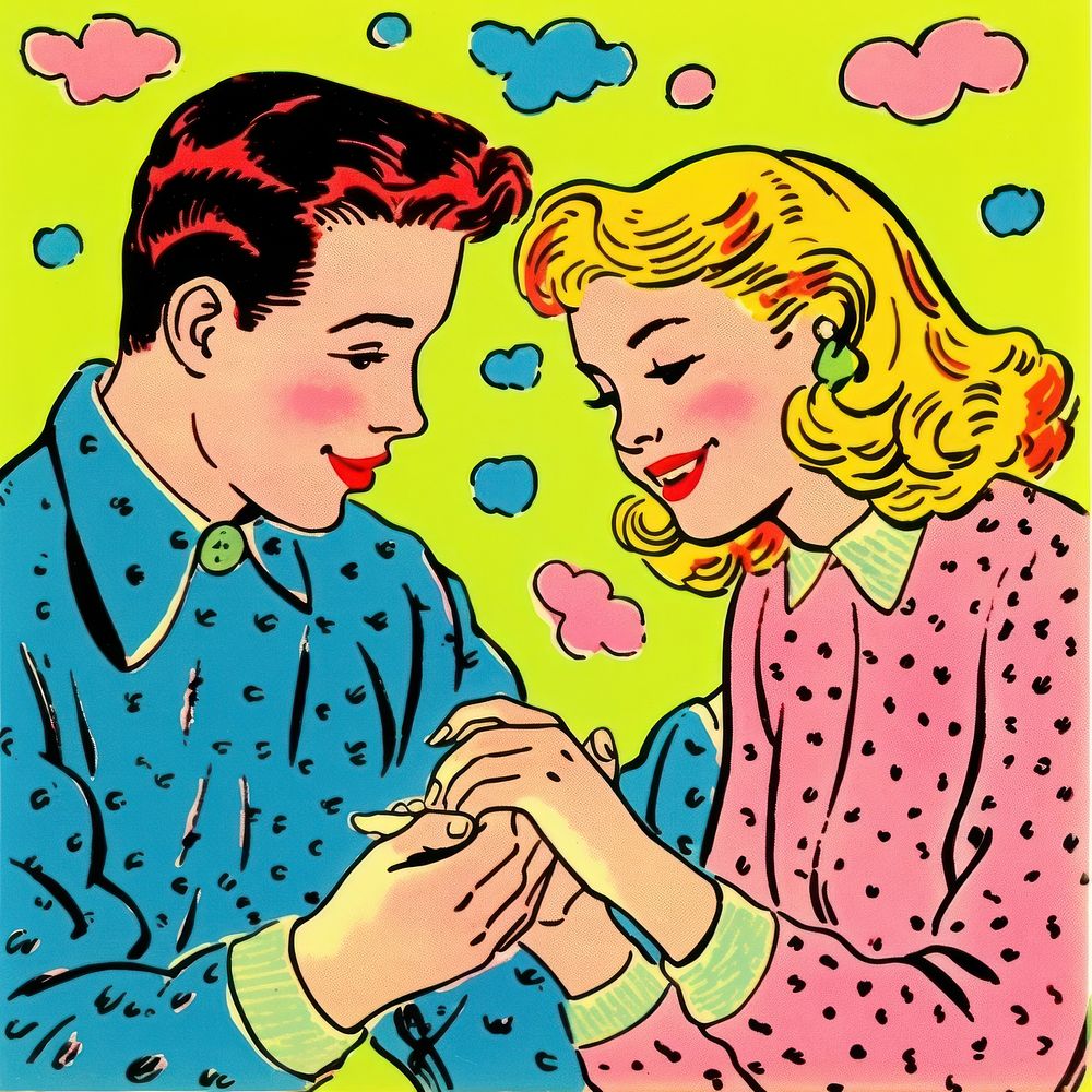 Comic of teen couple holding hands pattern drawing togetherness.