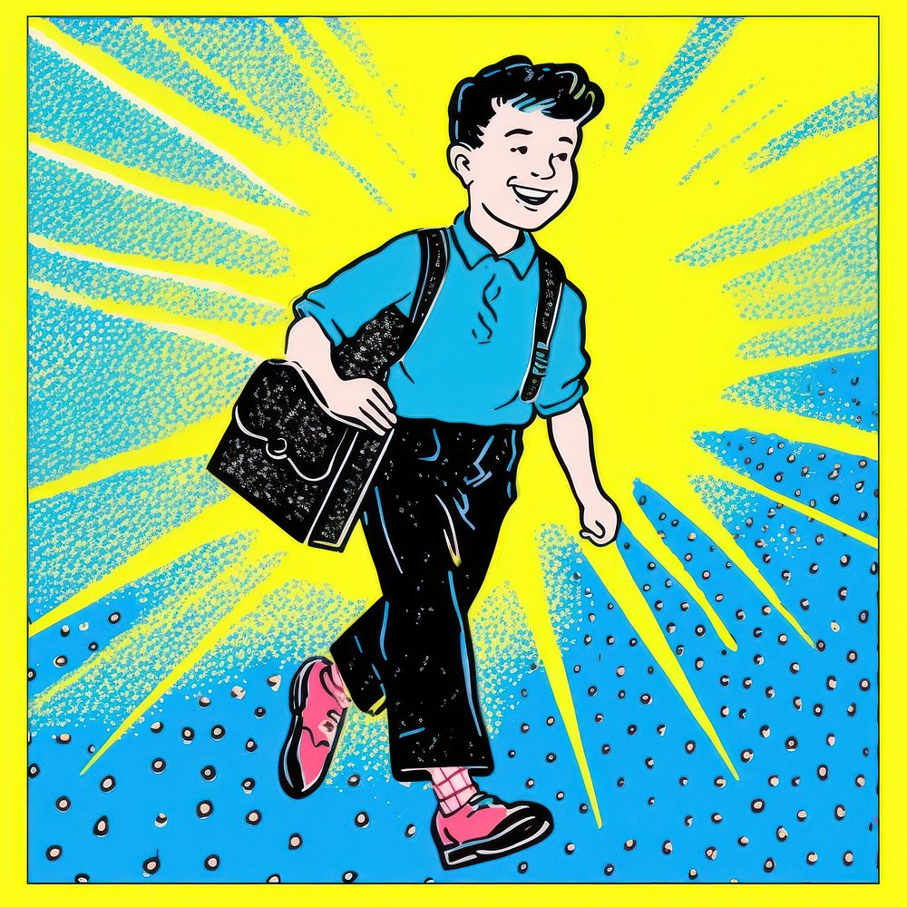 Comic of a boy with backpack smiling comics bag accessories.