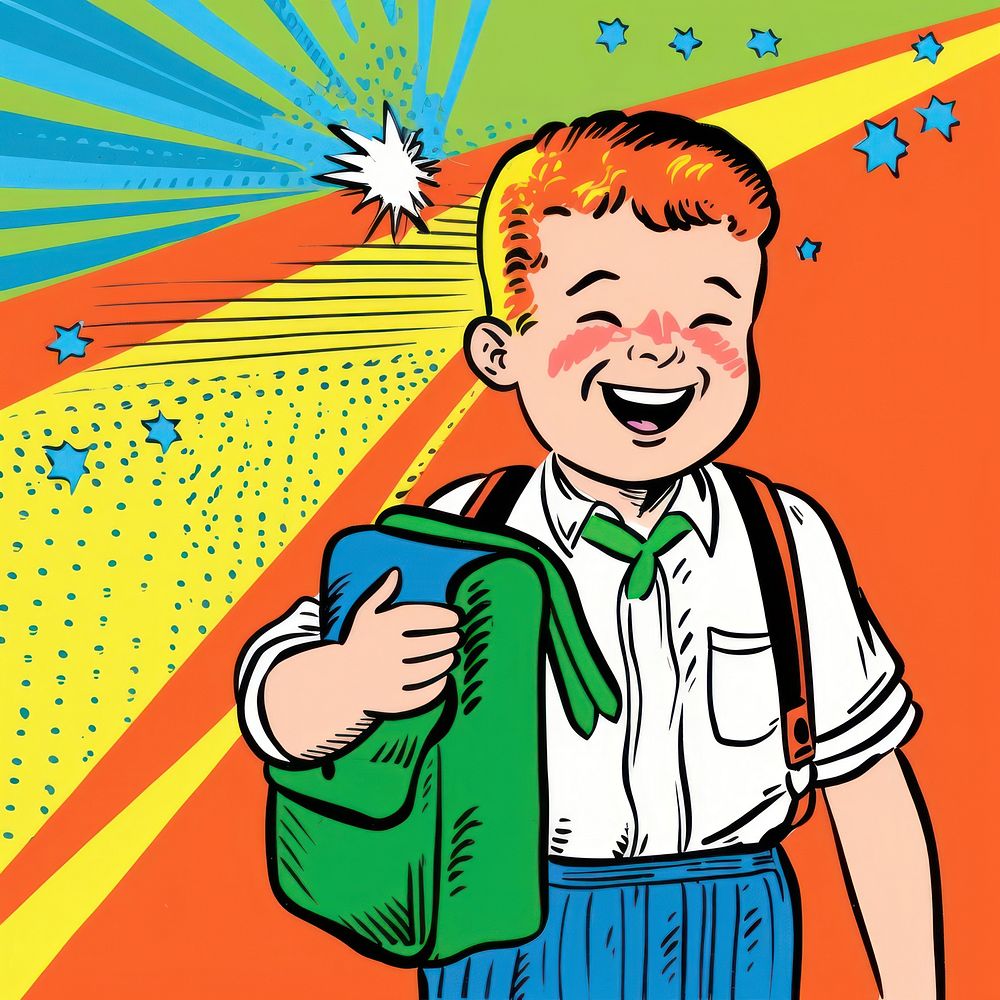 Comic of a boy with backpack smiling comics publication creativity.