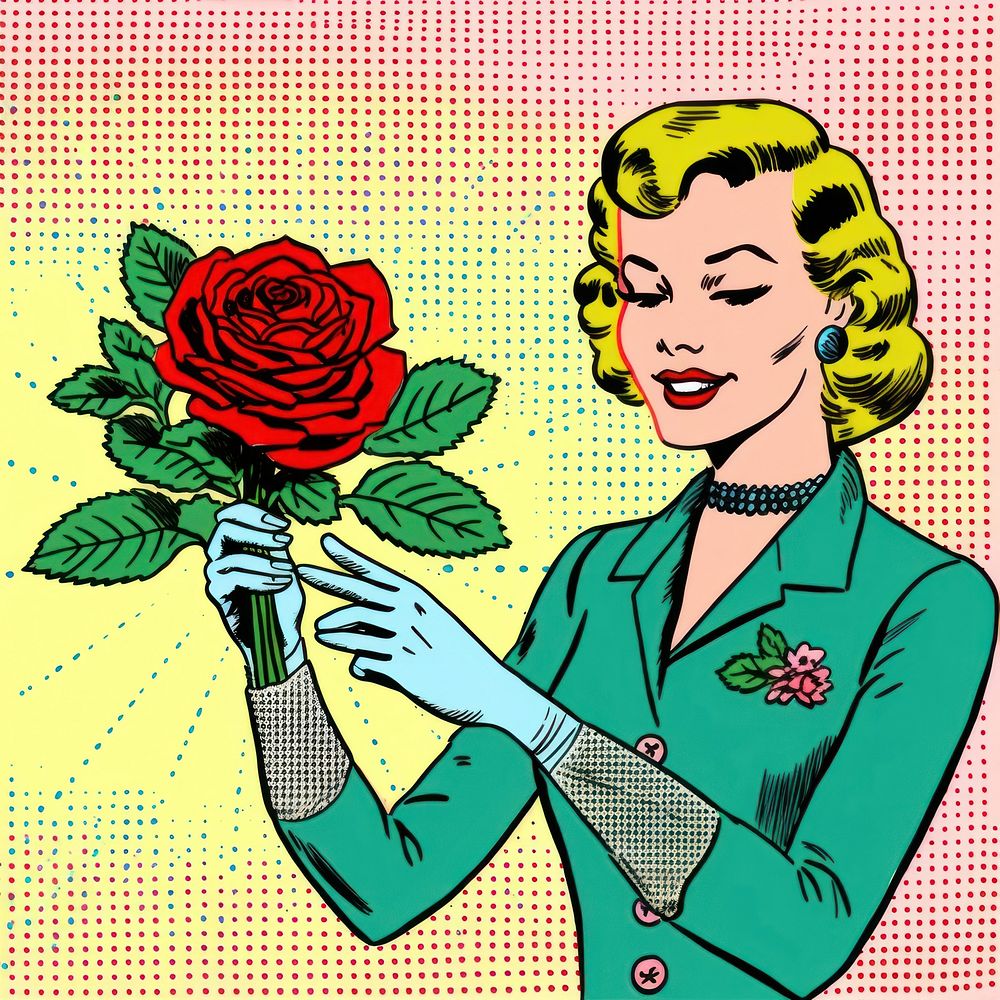 Woman holding a rose pattern flower plant.