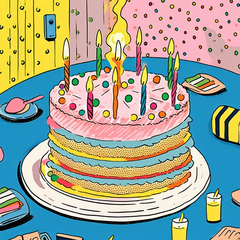 Comic of birthday cake dessert party food.