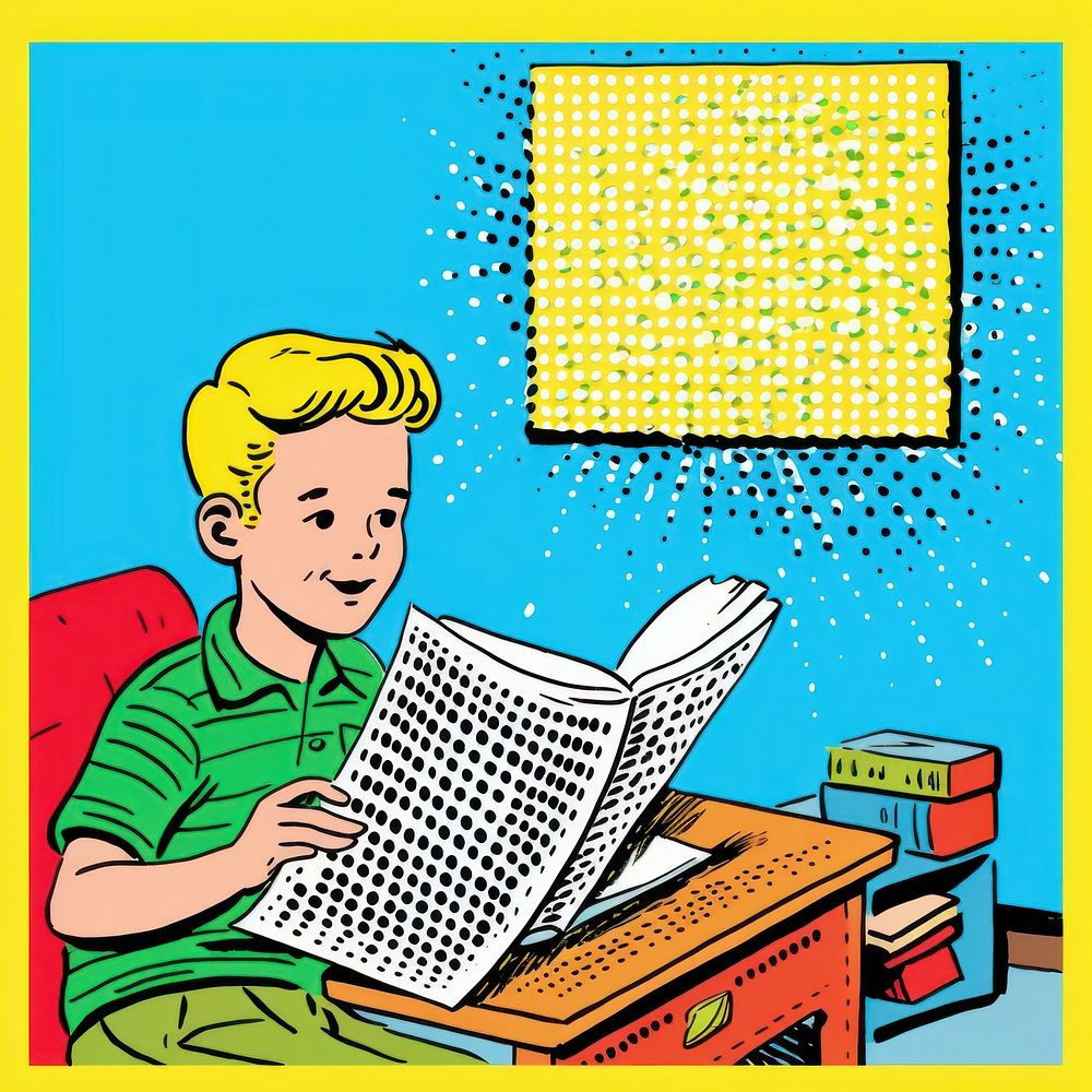 Comic of boy read book paper publication technology.
