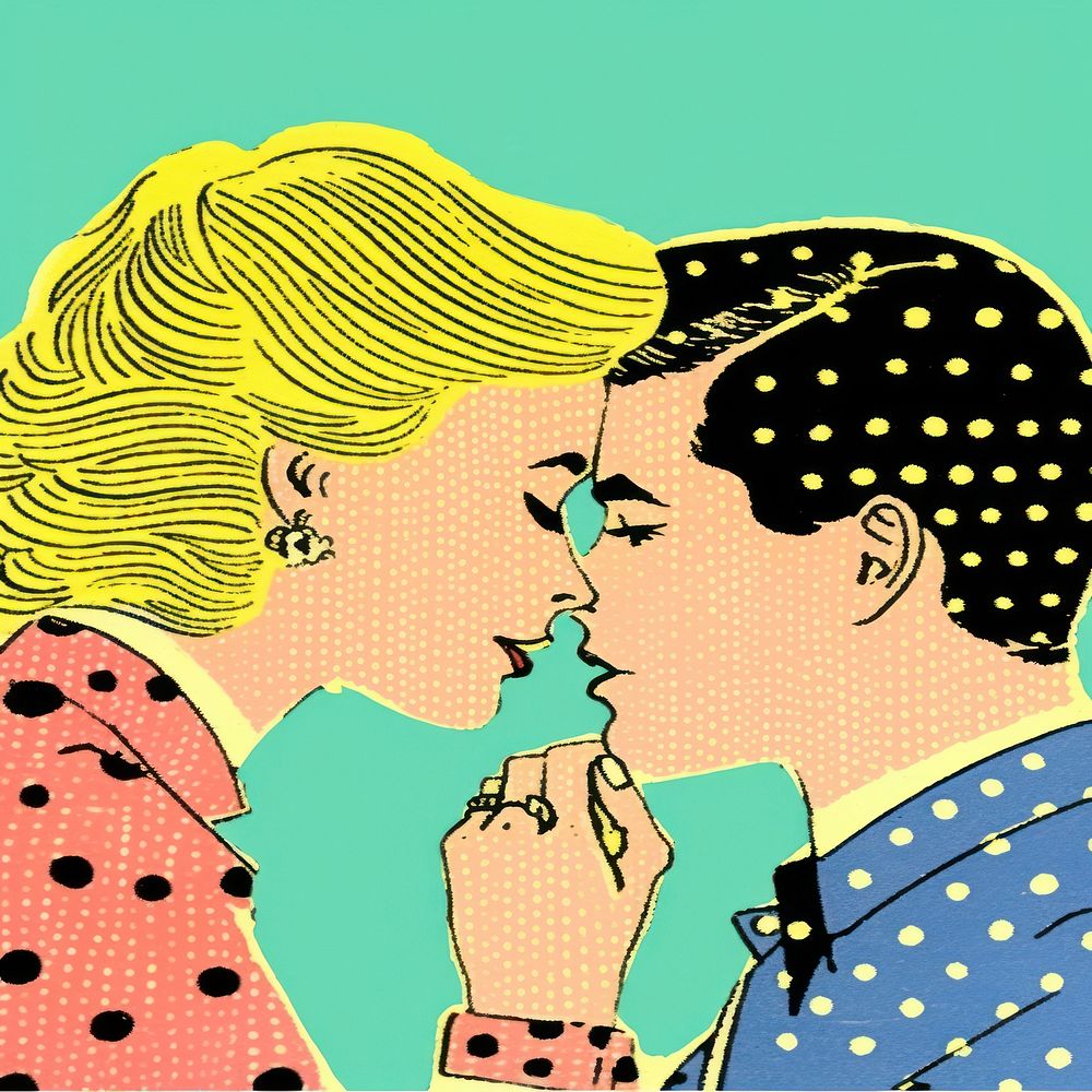 Comic of couple kissing pattern art togetherness.