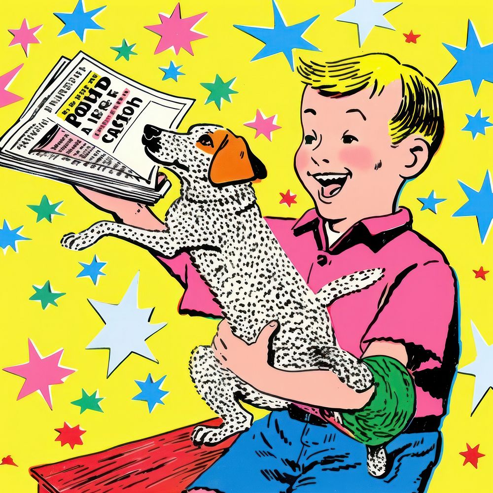 Comic of kid holding puppy comics text publication.