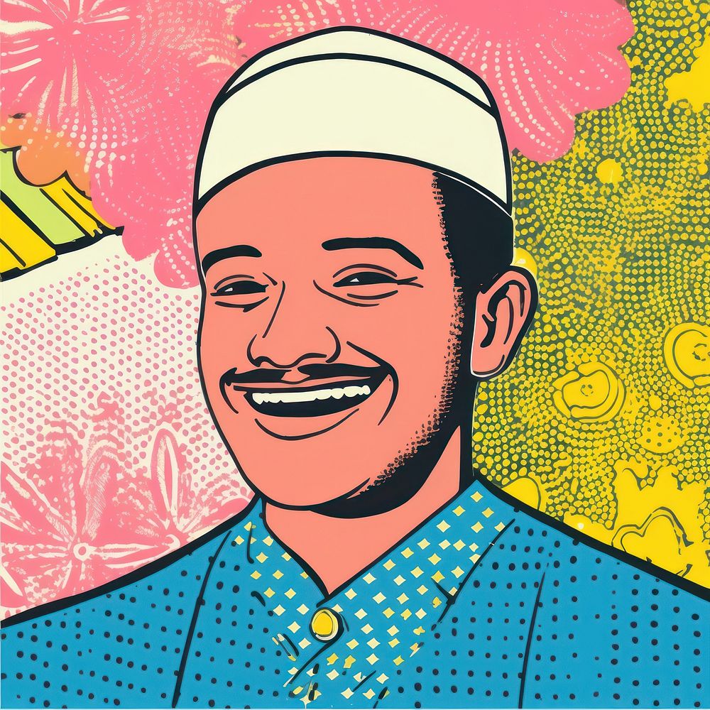 Comic of muslim man smiling portrait drawing smile.